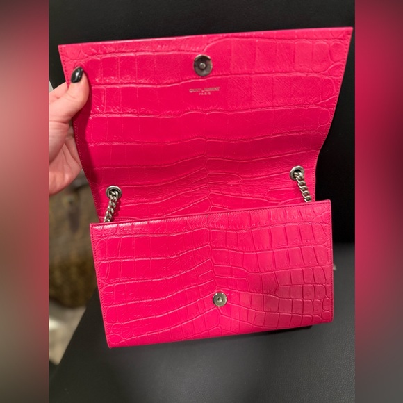 YSL Calfskin Croc Embossed Medium Classic Monogram Kate Tassel Fuchsia - Picture 9 of 13
